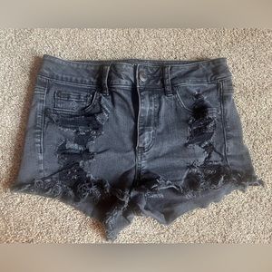 American Eagle black “hi-rise shortie” denim shorts size 4